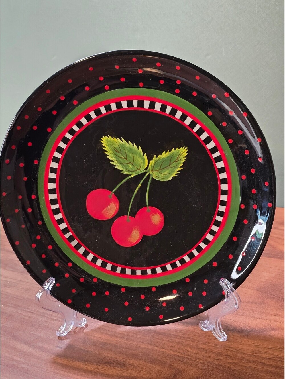 Vintage Giftco Cherries Dinner Plate 10" Red Polka Dot Country Kitsch Platter